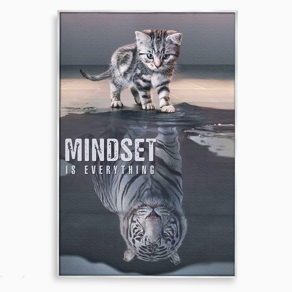 Tablou canvas cu tablou canvas cu pisoi si reflexie de tigru, in rama de aluminiu argintiu